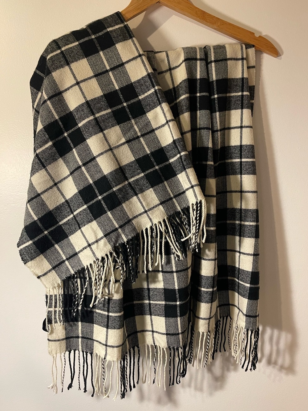 Indigo Black Cream Buffalo Plaid Fringe Blanket Scarf OS